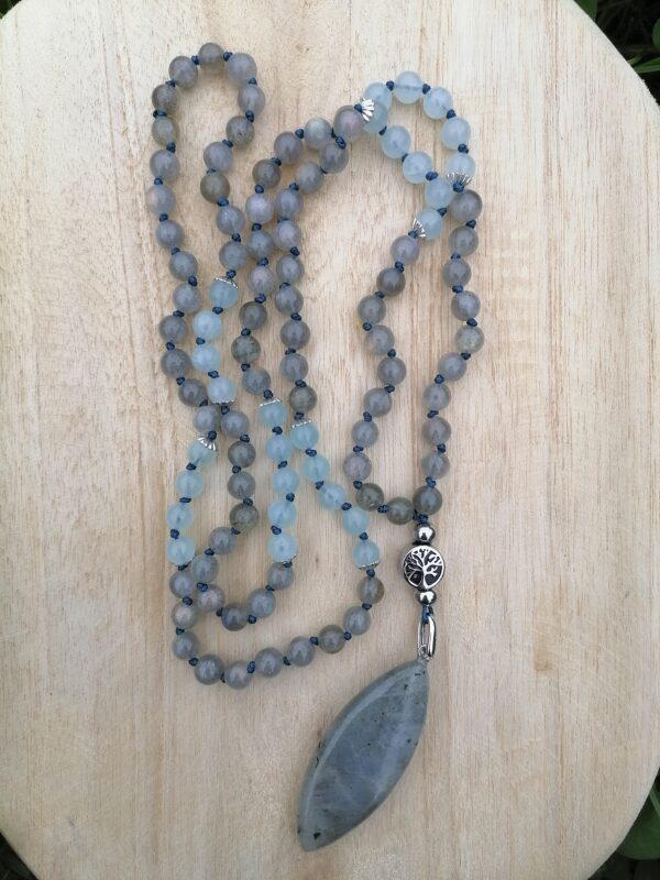 mala tibétain labradorite aigue-marine intuition communication lithothérapie